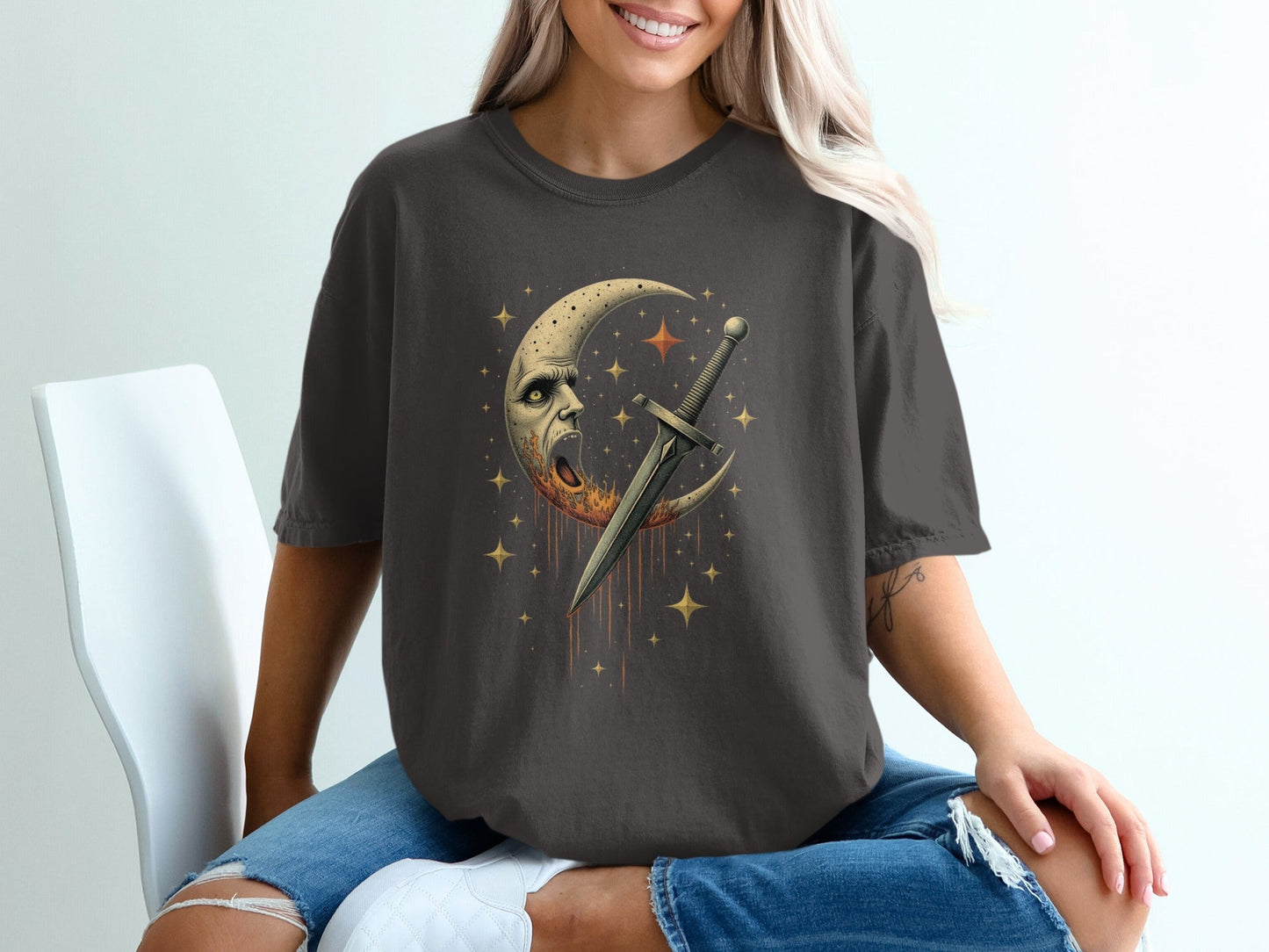 Moon and Sword Graphic Cool Design Adult Unisex T-Shirt - IconVexa