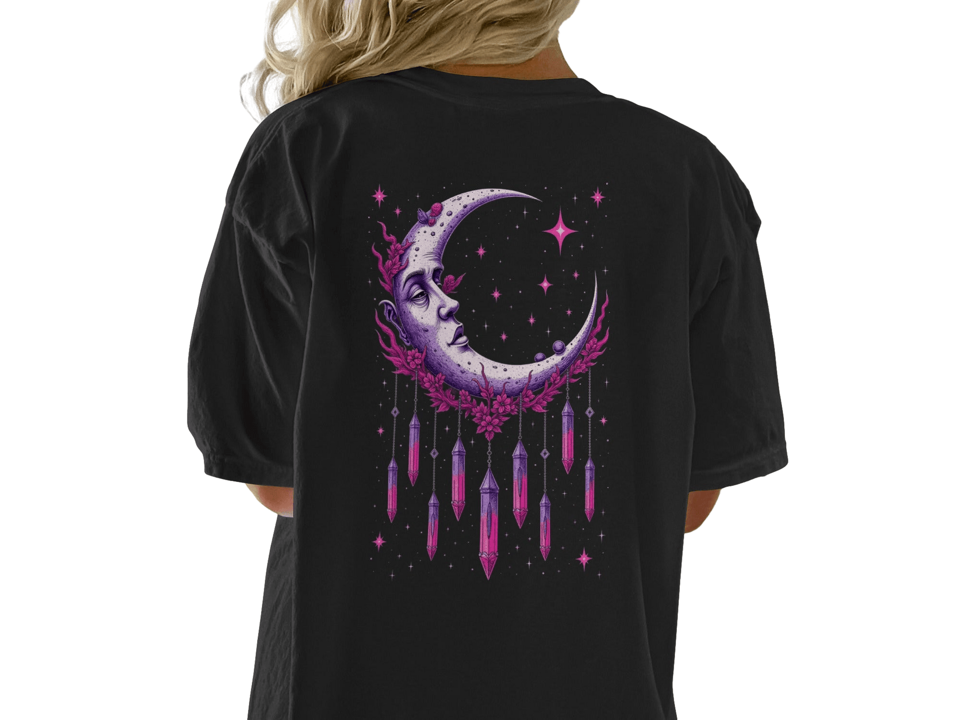 Moon Crystal Dreamcatcher Back Print Women's Black T-Shirt - IconVexa