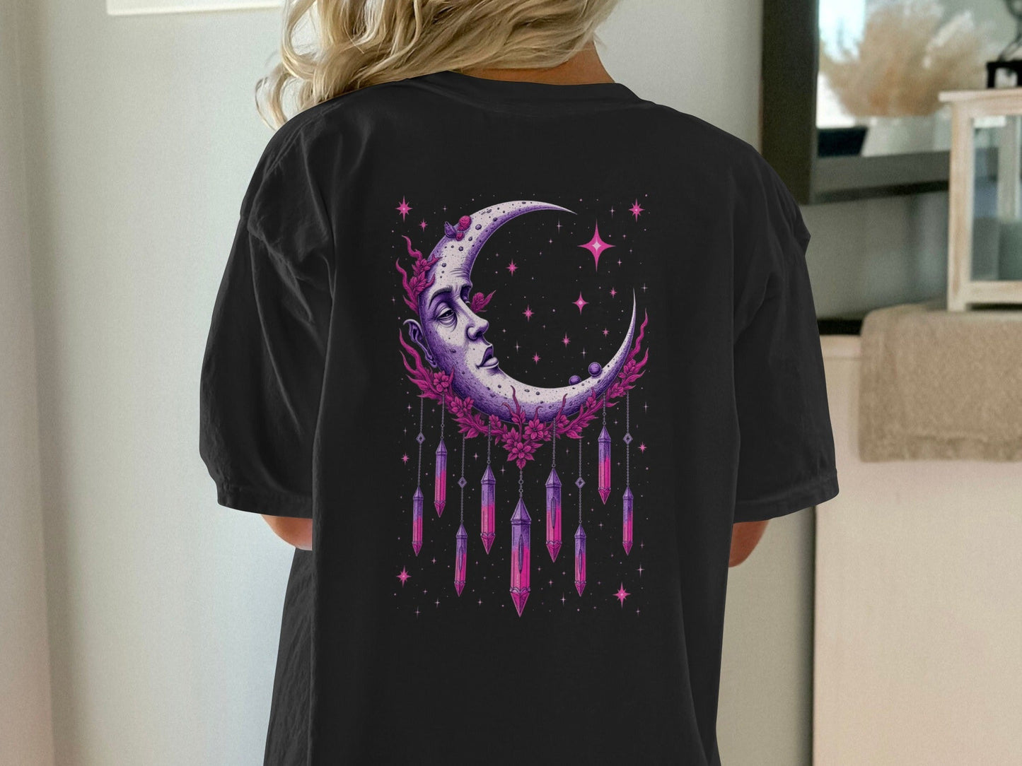 Moon Crystal Dreamcatcher Back Print Women's Black T-Shirt - IconVexa