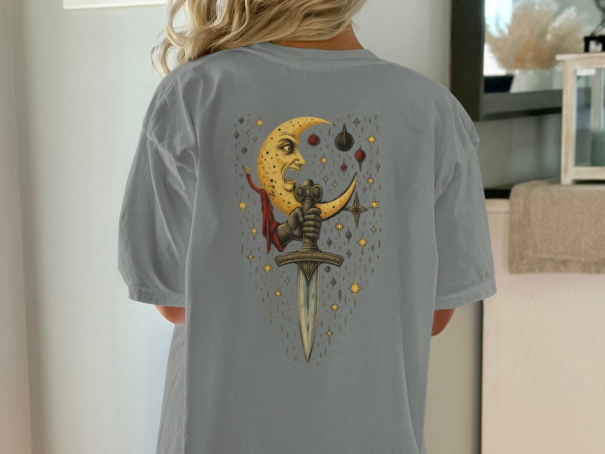 Moon Holding Sword Celestial Mystical Back Design T-Shirt - IconVexa