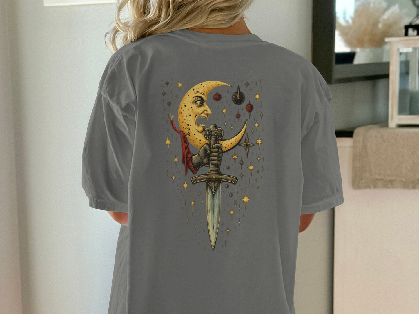 Moon Holding Sword Celestial Mystical Back Design T-Shirt - IconVexa