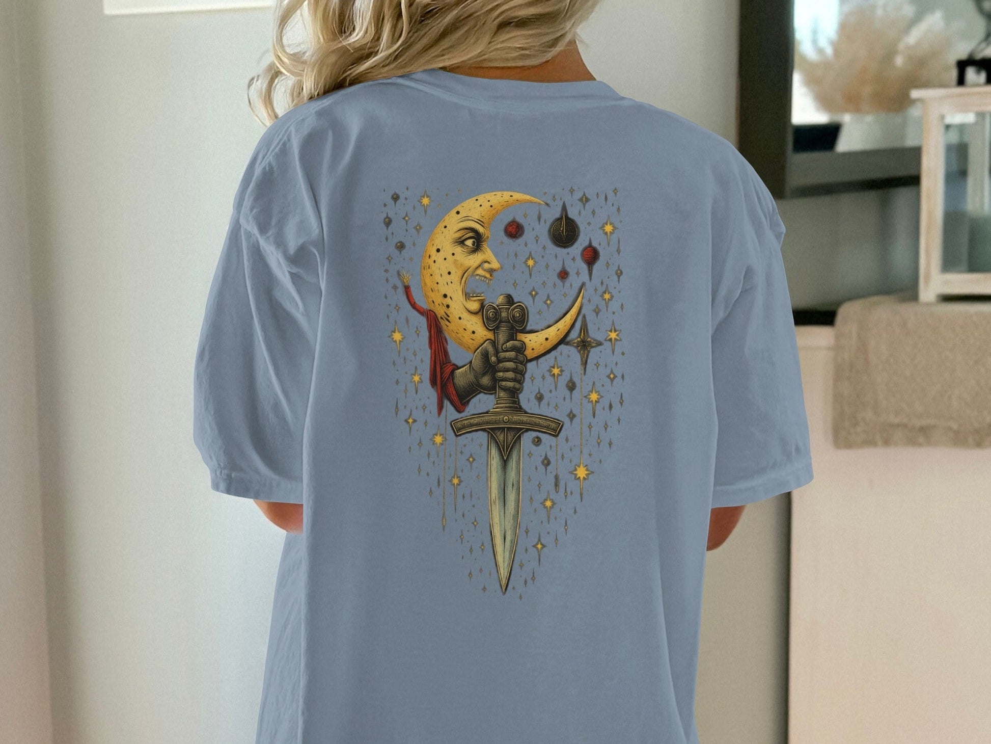 Moon Holding Sword Celestial Mystical Back Design T-Shirt - IconVexa