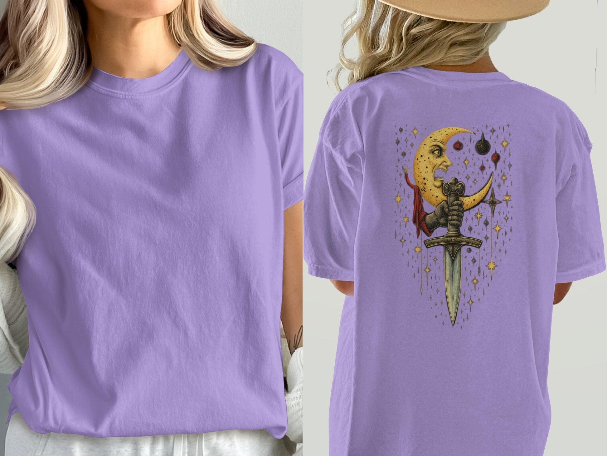 Moon Holding Sword Celestial Mystical Back Design T-Shirt - IconVexa