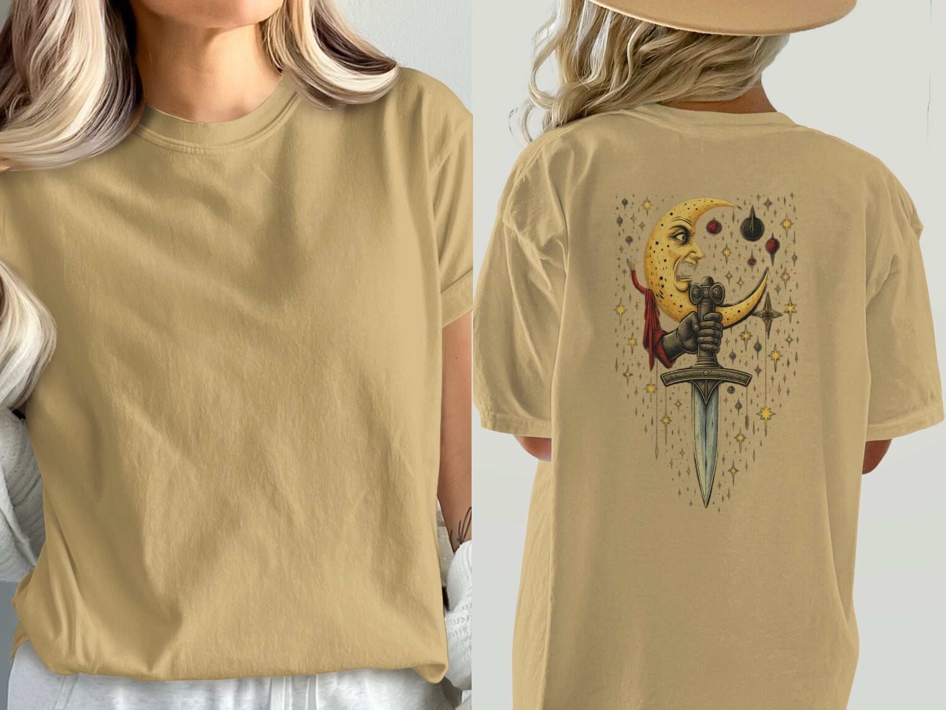 Moon Holding Sword Celestial Mystical Back Design T-Shirt - IconVexa