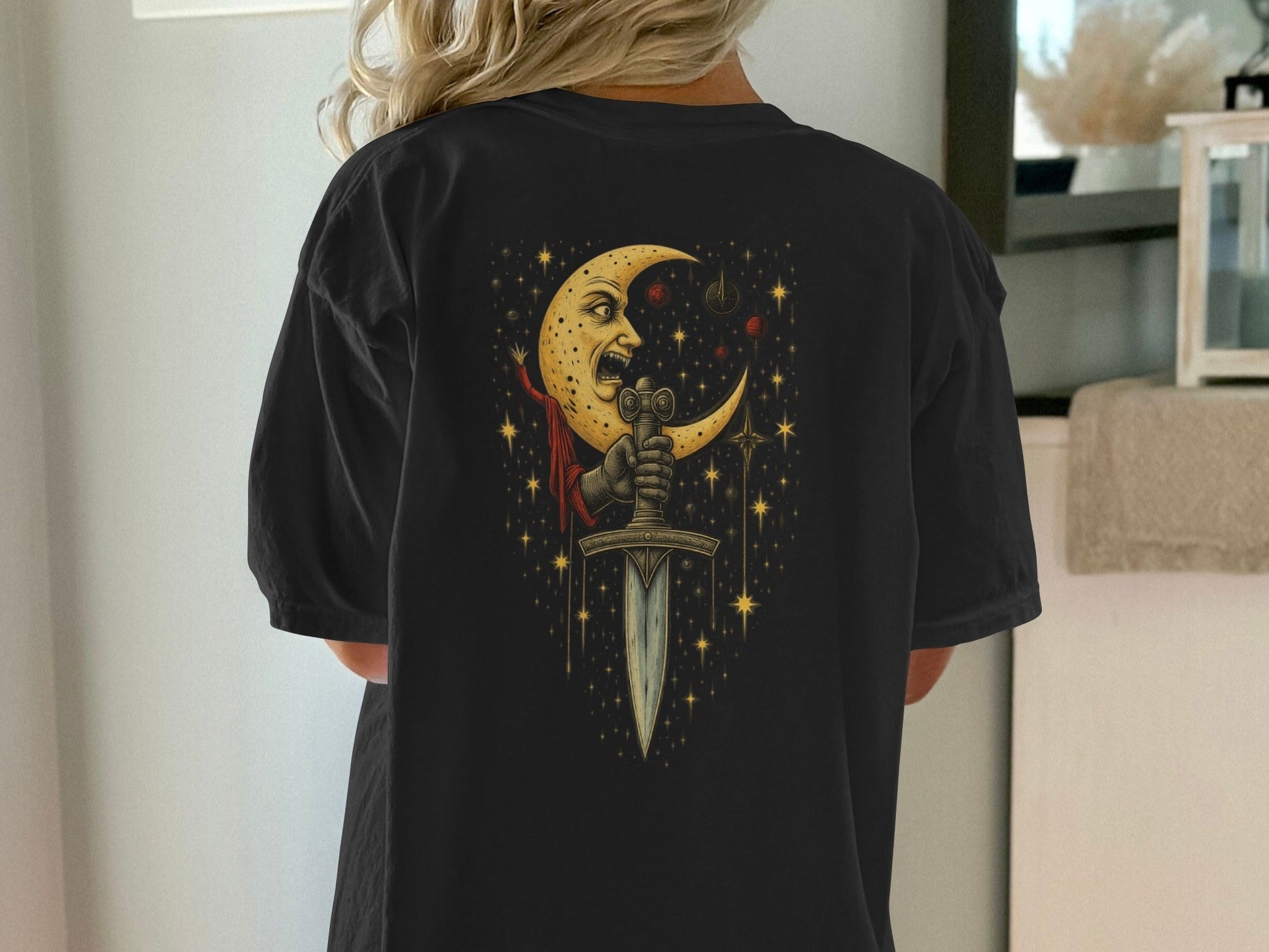 Moon Holding Sword Celestial Mystical Back Design T-Shirt - IconVexa