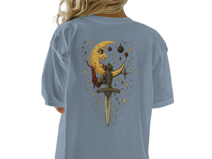 Moon Holding Sword Celestial Mystical Back Design T-Shirt - IconVexa