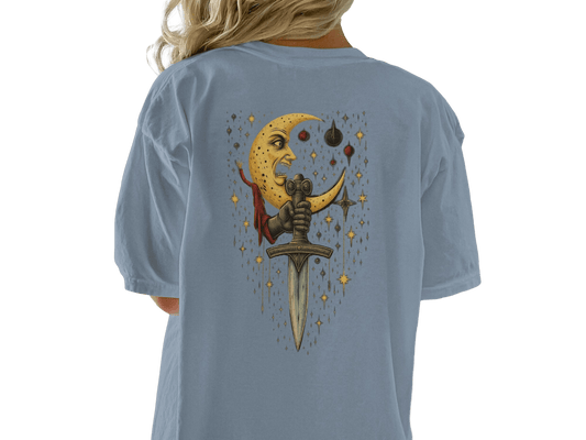 Moon Holding Sword Celestial Mystical Back Design T-Shirt - IconVexa