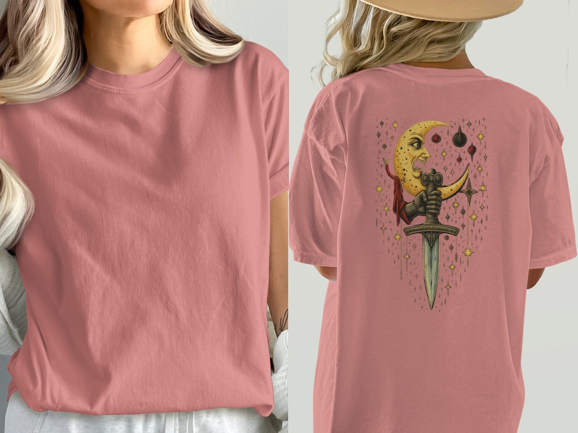 Moon Holding Sword Celestial Mystical Back Design T-Shirt - IconVexa
