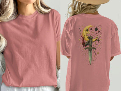 Moon Holding Sword Celestial Mystical Back Design T-Shirt - IconVexa
