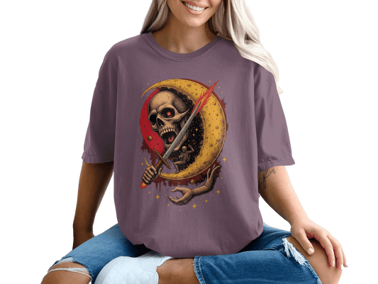 Moon Skeleton Hand Sword Artistic Graphic Design T-Shirt - IconVexa