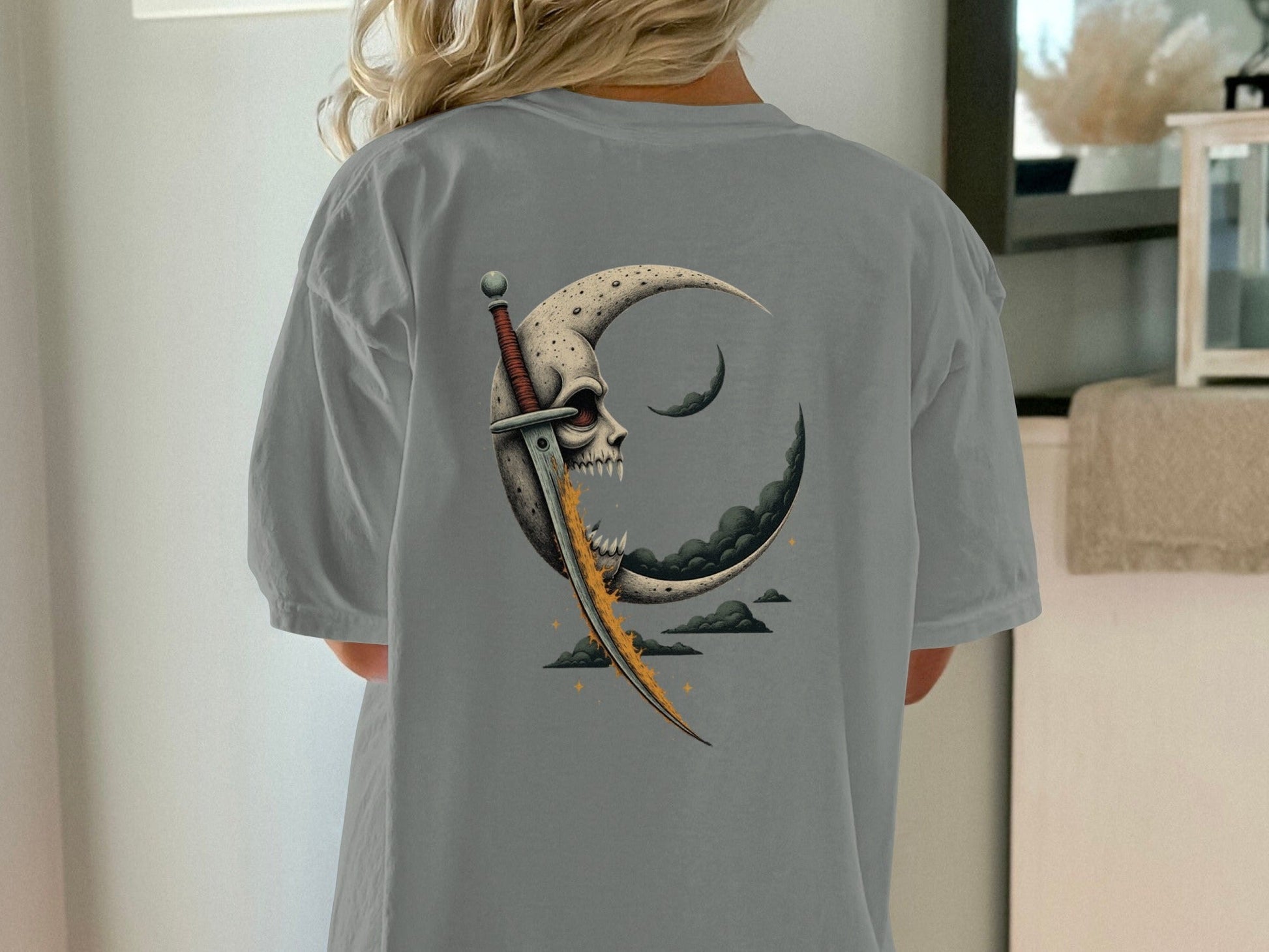 Moon Skull Sword Back Print Graphic Style T-Shirt - IconVexa