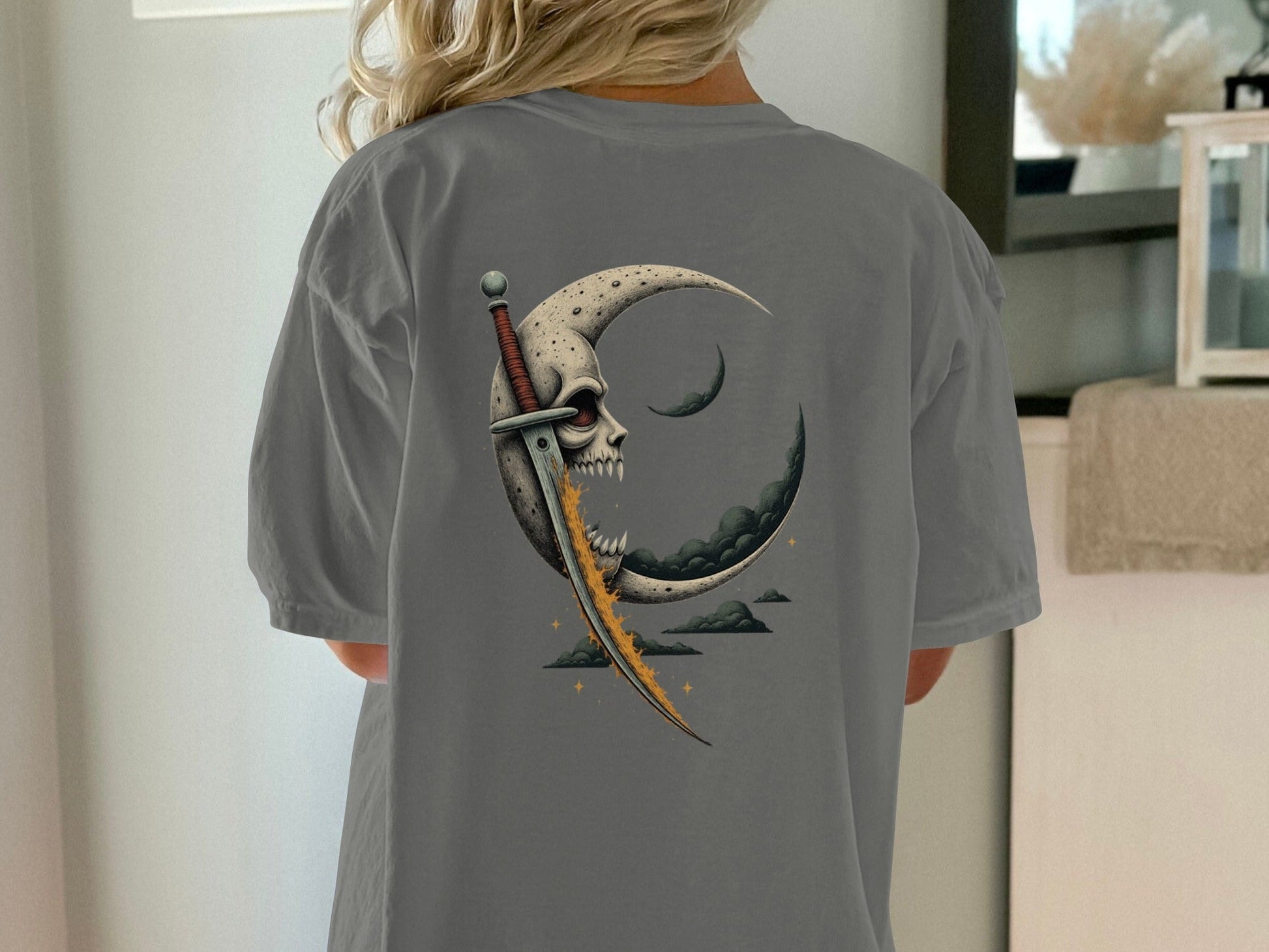 Moon Skull Sword Back Print Graphic Style T-Shirt - IconVexa