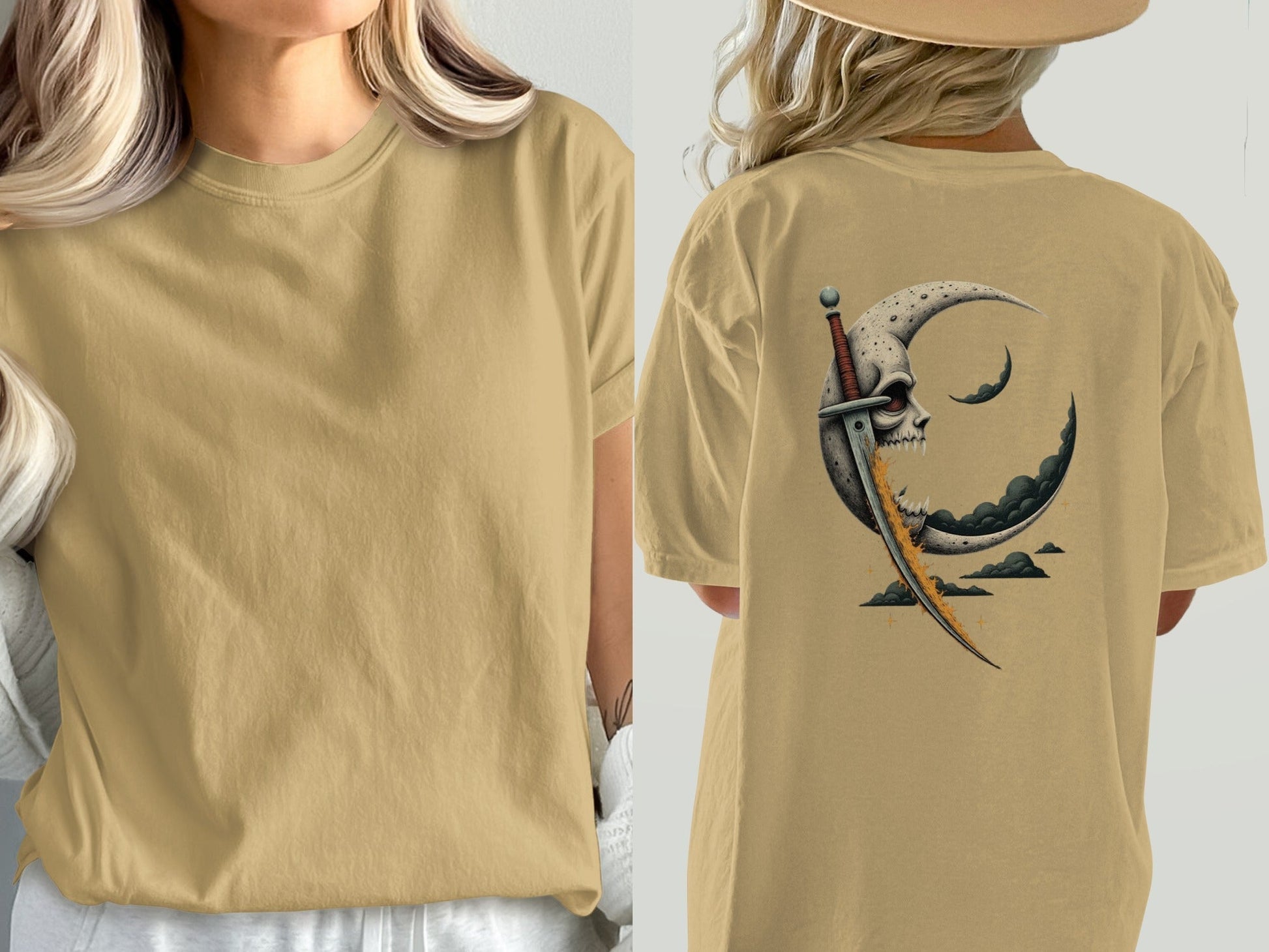 Moon Skull Sword Back Print Graphic Style T-Shirt - IconVexa