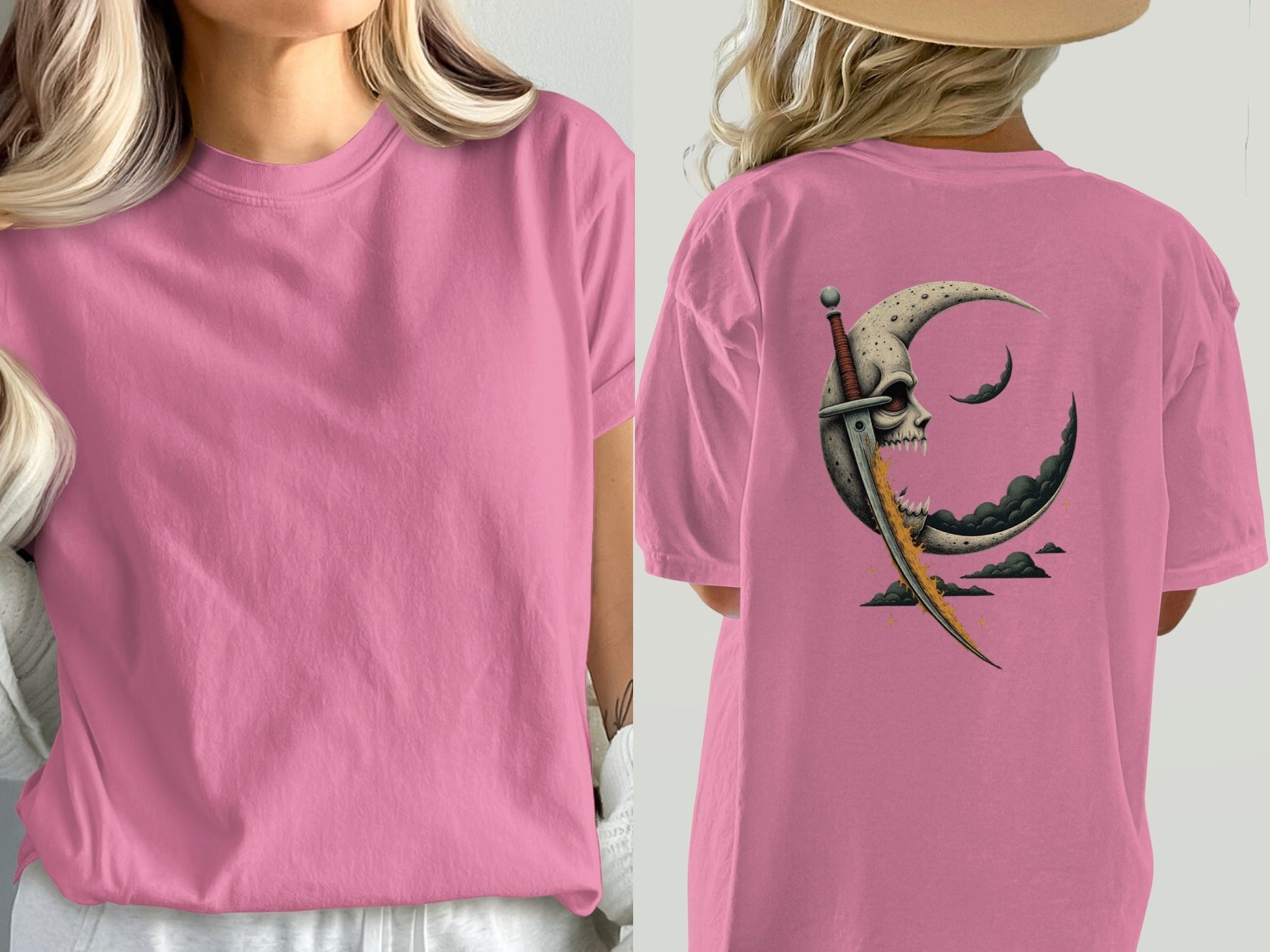 Moon Skull Sword Back Print Graphic Style T-Shirt - IconVexa