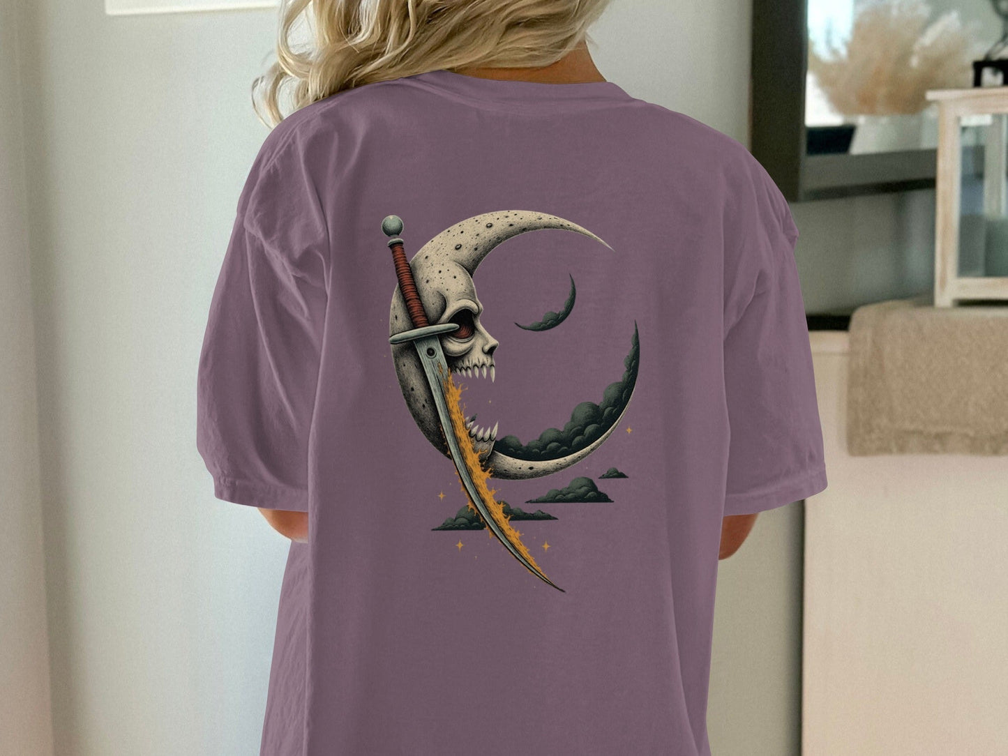 Moon Skull Sword Back Print Graphic Style T-Shirt - IconVexa