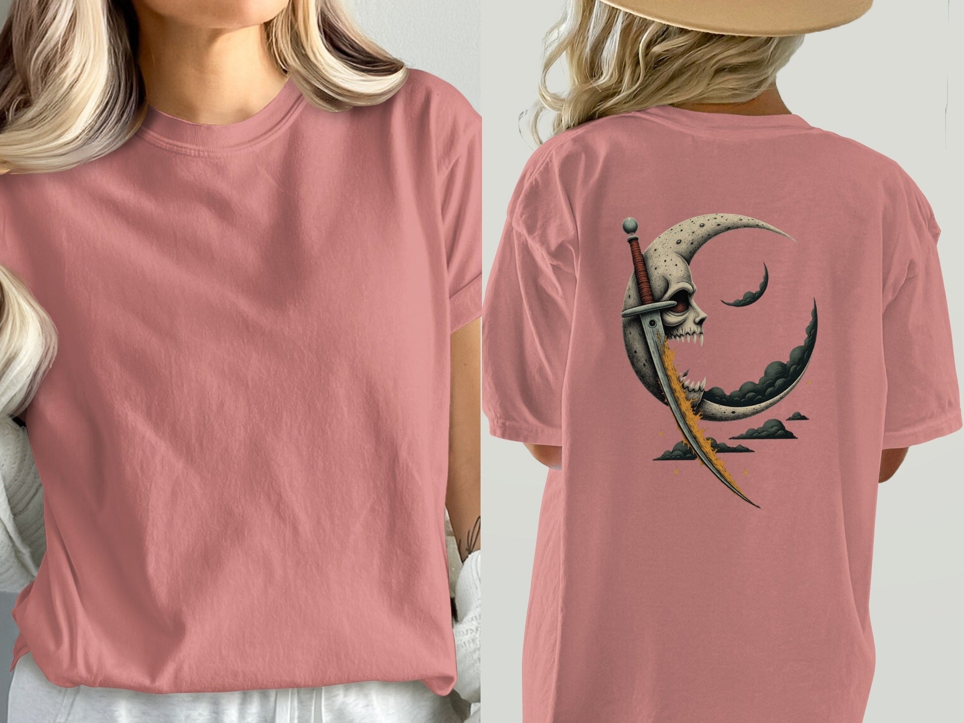 Moon Skull Sword Back Print Graphic Style T-Shirt - IconVexa