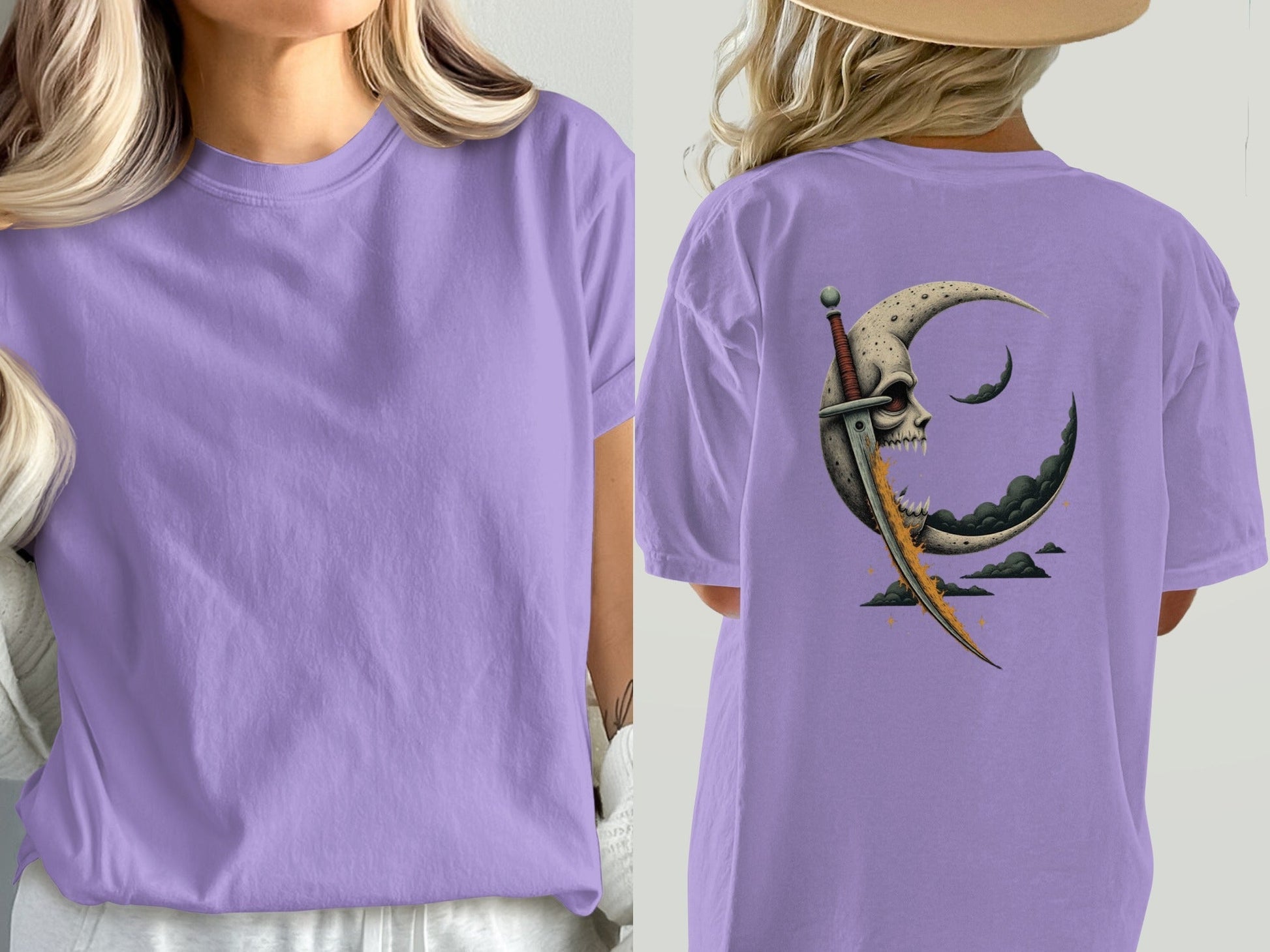 Moon Skull Sword Back Print Graphic Style T-Shirt - IconVexa