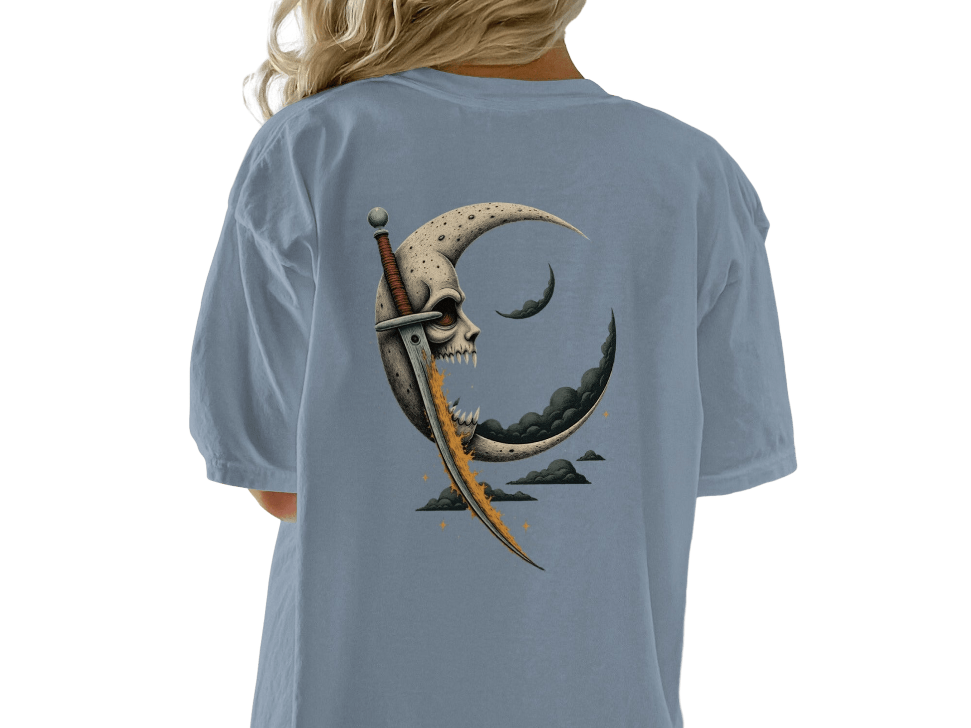 Moon Skull Sword Back Print Graphic Style T-Shirt - IconVexa