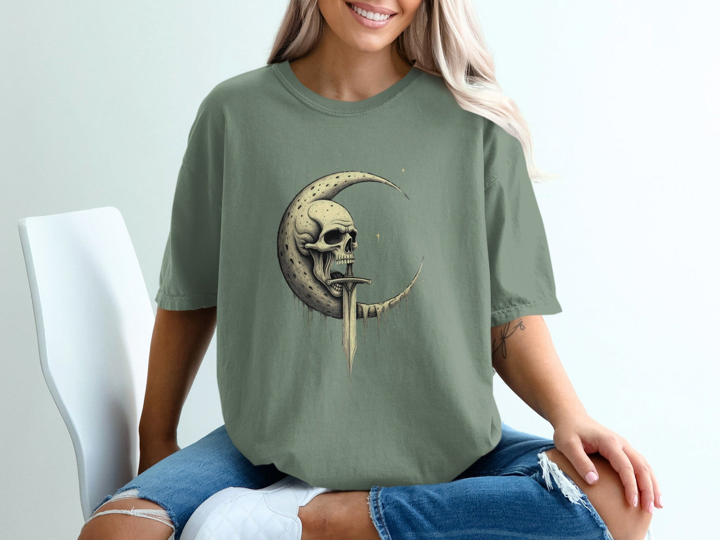 Moon Skull With Sword Funny Graphic Unisex T-Shirt - IconVexa