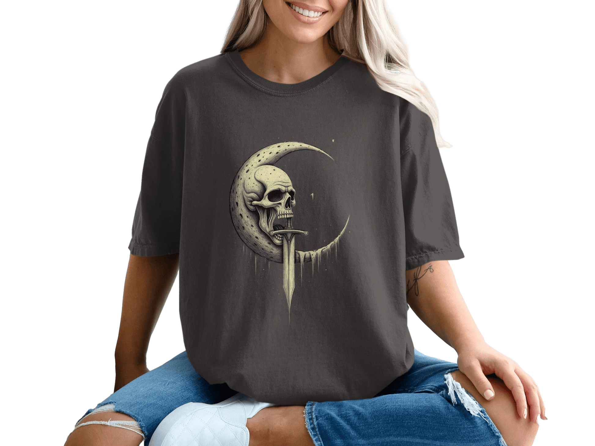 Moon Skull With Sword Funny Graphic Unisex T-Shirt - IconVexa