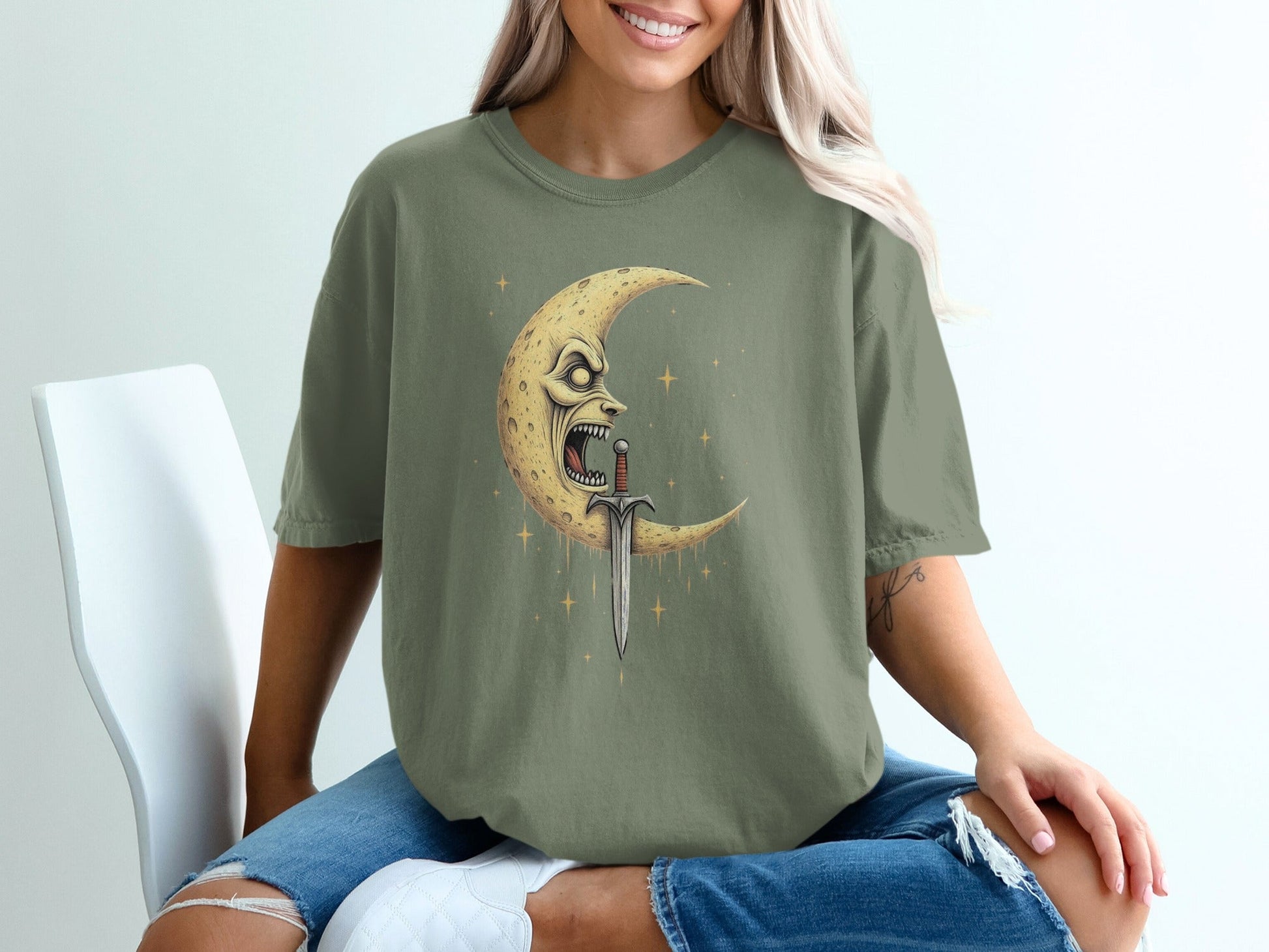 Moon Sword Nightmare Horror Aesthetic Graphic Print T-Shirt - IconVexa