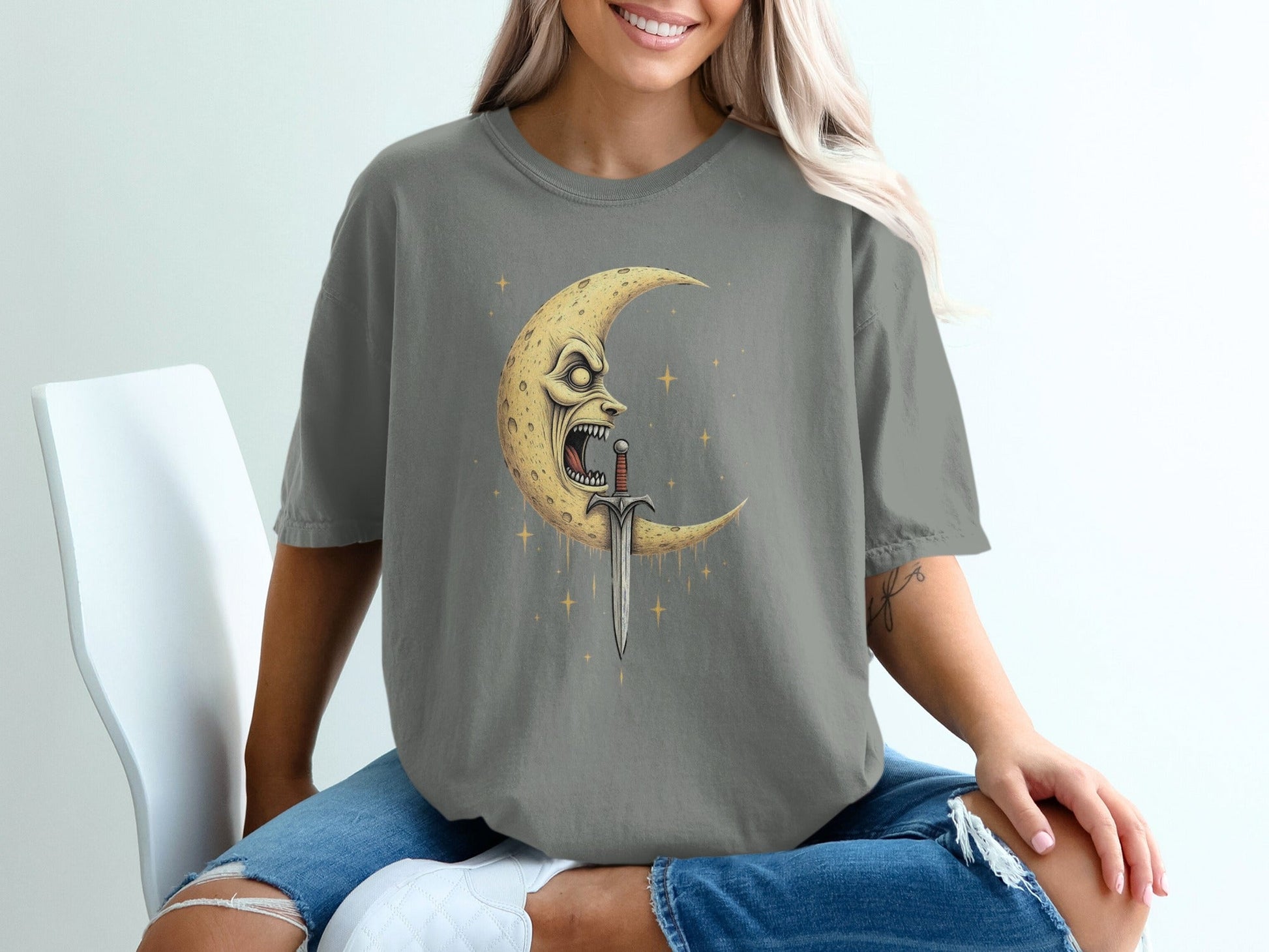 Moon Sword Nightmare Horror Aesthetic Graphic Print T-Shirt - IconVexa
