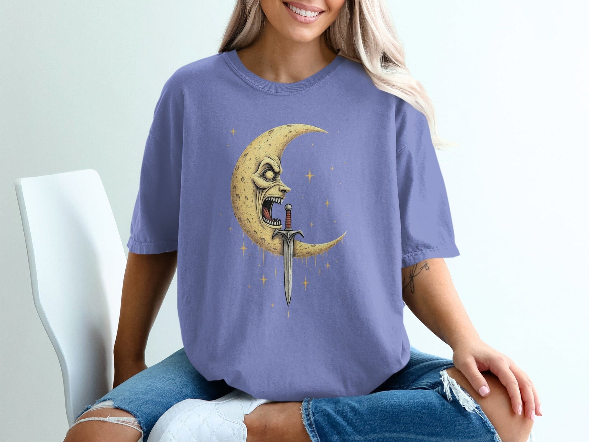 Moon Sword Nightmare Horror Aesthetic Graphic Print T-Shirt - IconVexa