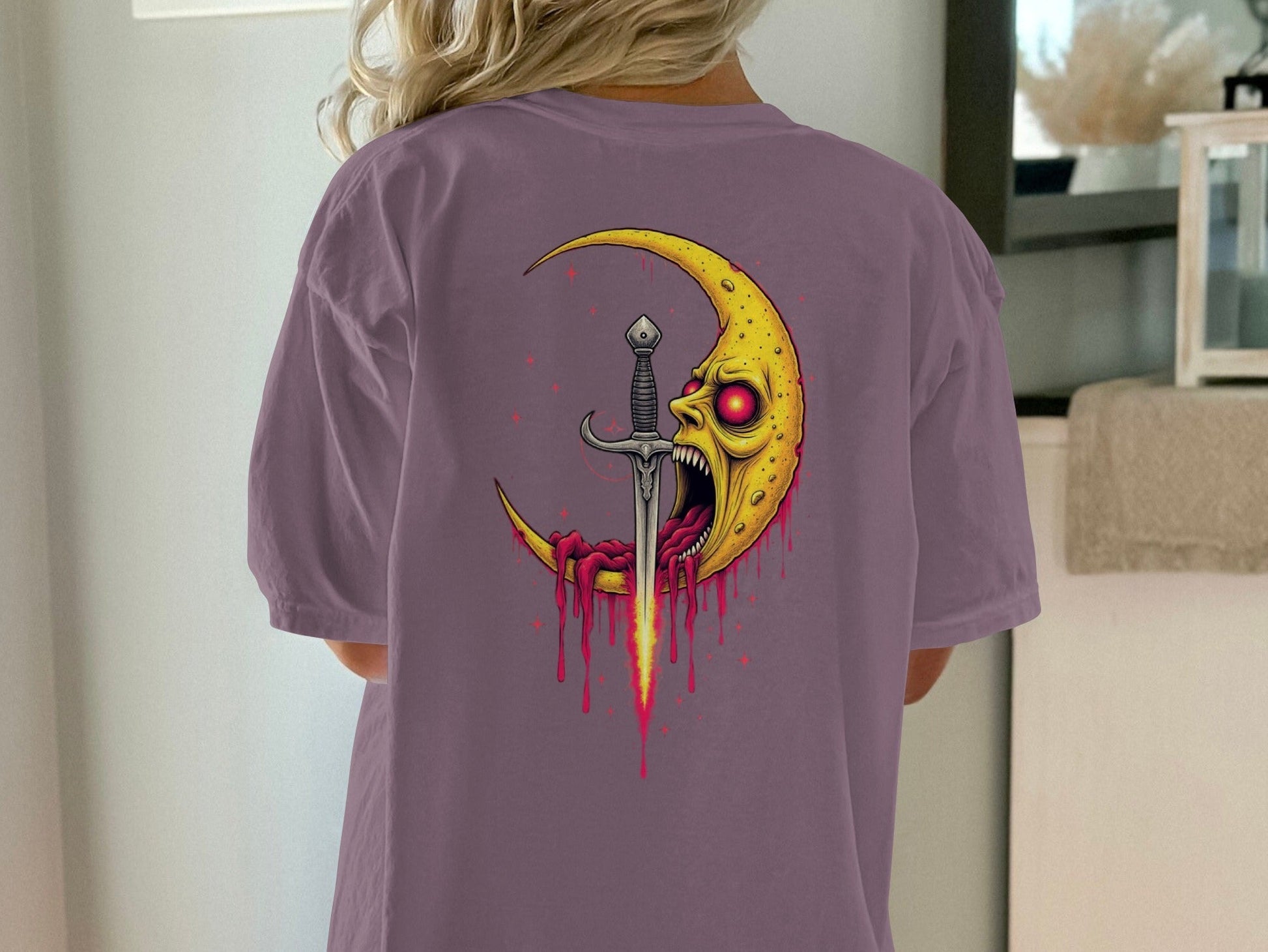 Moon With a Sword Stylish Graphic Design Back Print T-Shirt - IconVexa