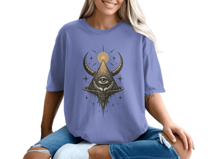 Mystic Eye Hands Stars Pyramid Graphic Light Blue T-Shirt - IconVexa
