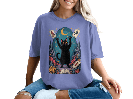 Mystic Feline Fortune Teller Card Reading Cat Design T-Shirt - IconVexa