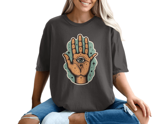 Mystic Hand With Eye Celestial Graphic Design T-Shirt - IconVexa