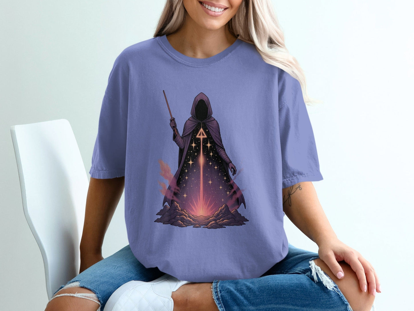 Mystic Mage T-Shirt, Occult Wizard Tee, Fantasy Magic Shirt, Witchcraft Apparel, Hooded Figure Design, Celestial Stars T-Shirt, Unisex - IconVexa