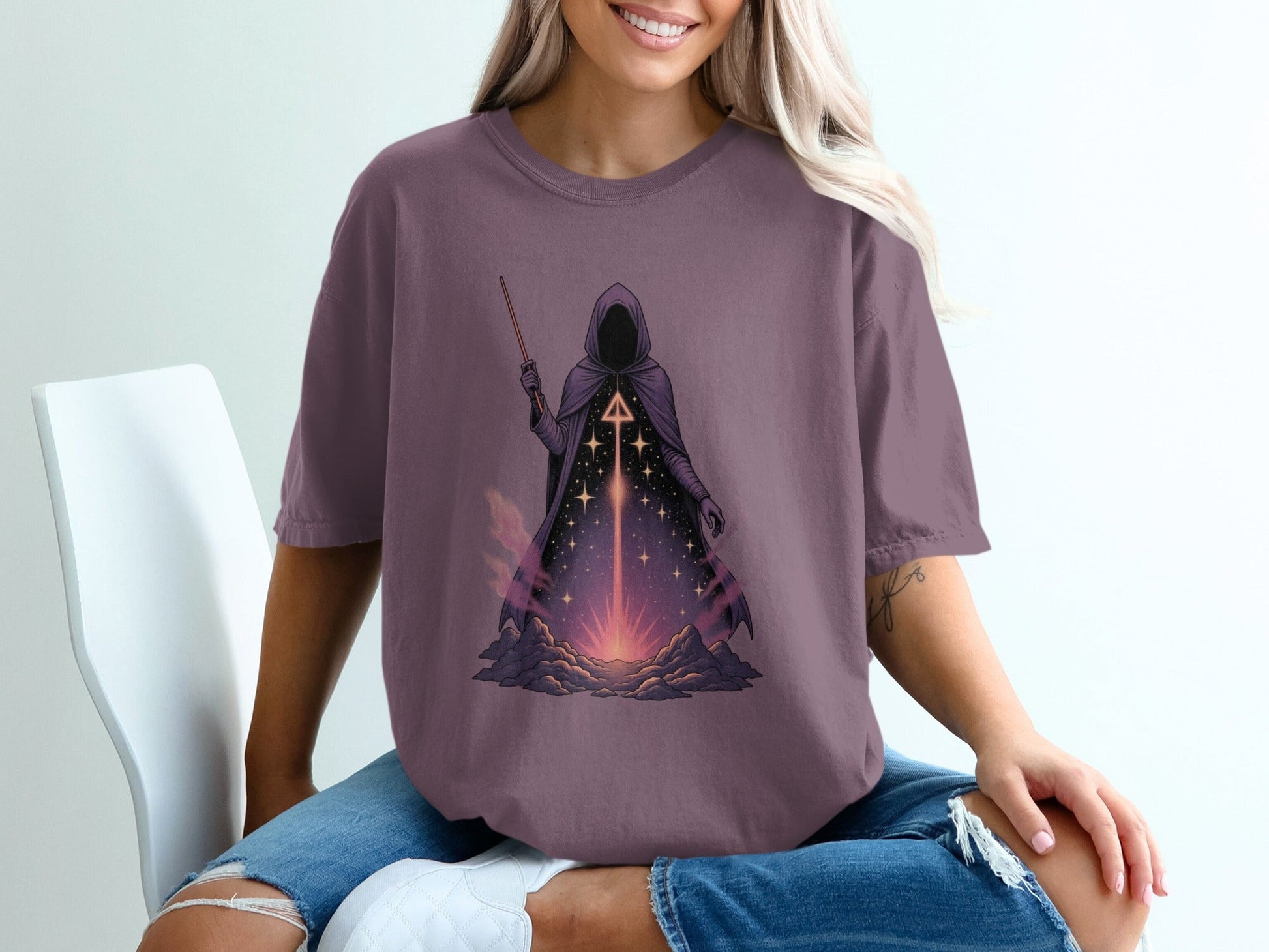 Mystic Mage T-Shirt, Occult Wizard Tee, Fantasy Magic Shirt, Witchcraft Apparel, Hooded Figure Design, Celestial Stars T-Shirt, Unisex - IconVexa