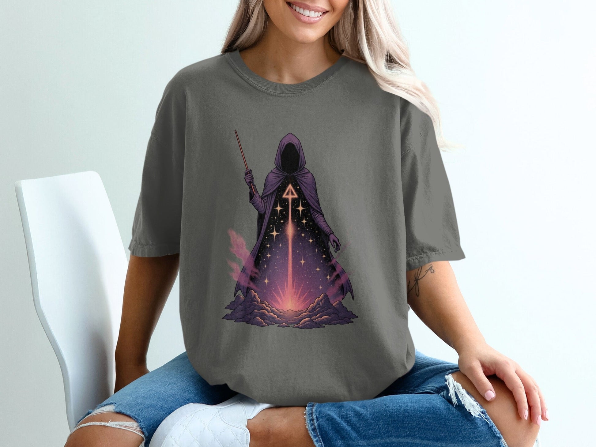 Mystic Mage T-Shirt, Occult Wizard Tee, Fantasy Magic Shirt, Witchcraft Apparel, Hooded Figure Design, Celestial Stars T-Shirt, Unisex - IconVexa