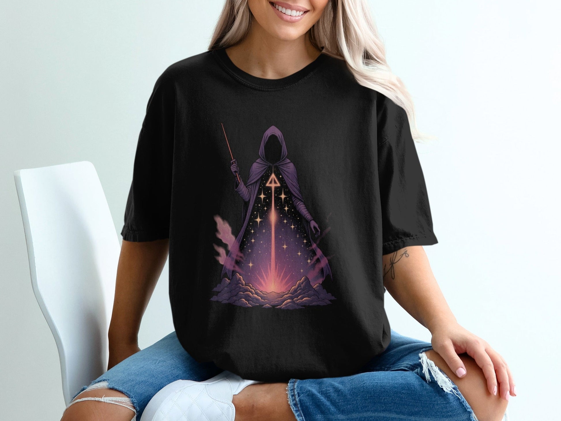 Mystic Mage T-Shirt, Occult Wizard Tee, Fantasy Magic Shirt, Witchcraft Apparel, Hooded Figure Design, Celestial Stars T-Shirt, Unisex - IconVexa