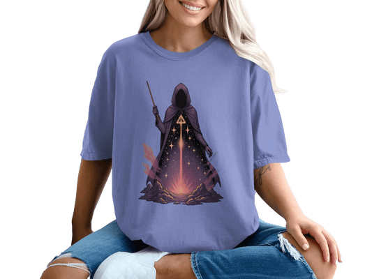 Mystic Mage T-Shirt, Occult Wizard Tee, Fantasy Magic Shirt, Witchcraft Apparel, Hooded Figure Design, Celestial Stars T-Shirt, Unisex - IconVexa