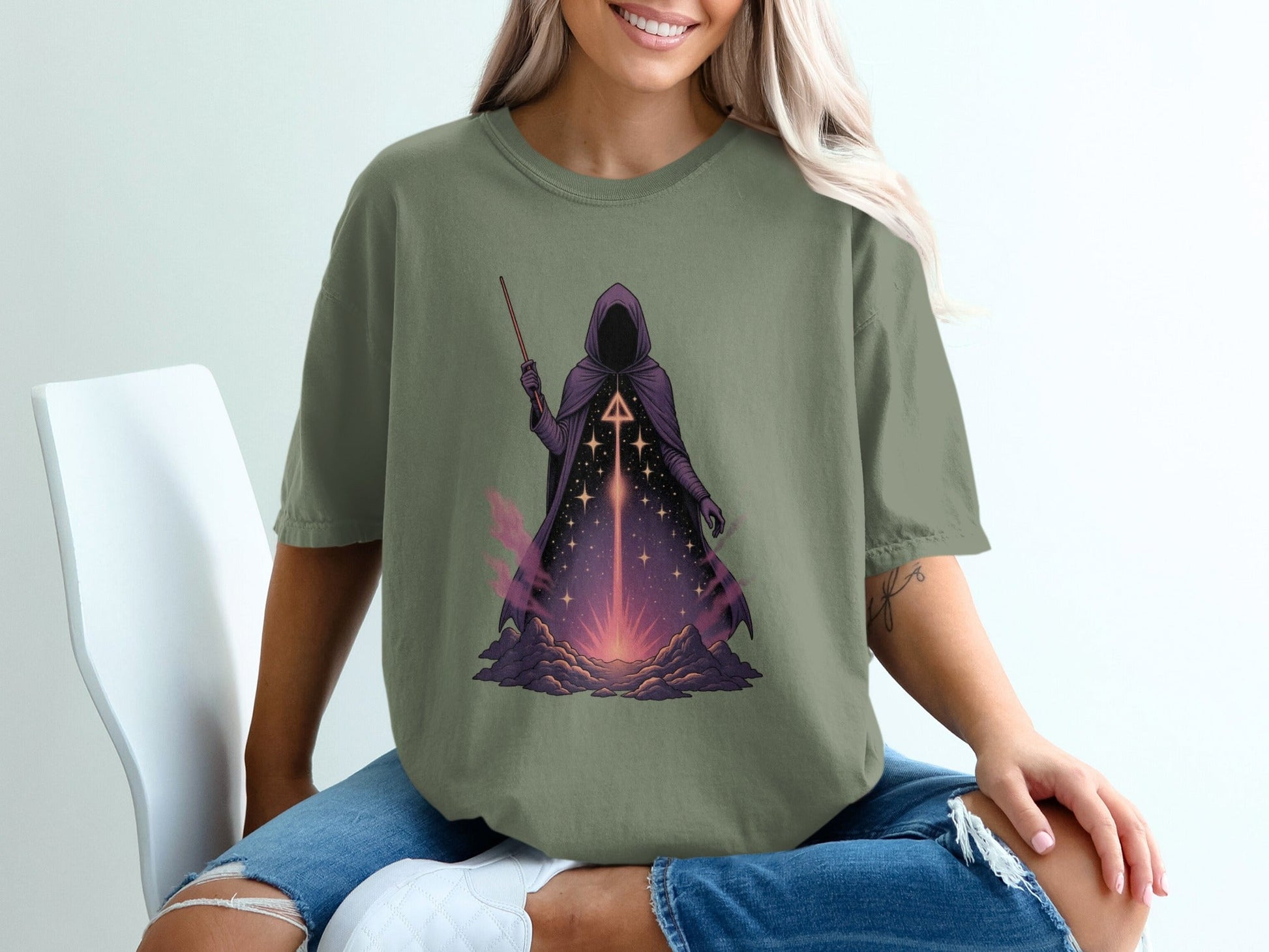 Mystic Mage T-Shirt, Occult Wizard Tee, Fantasy Magic Shirt, Witchcraft Apparel, Hooded Figure Design, Celestial Stars T-Shirt, Unisex - IconVexa