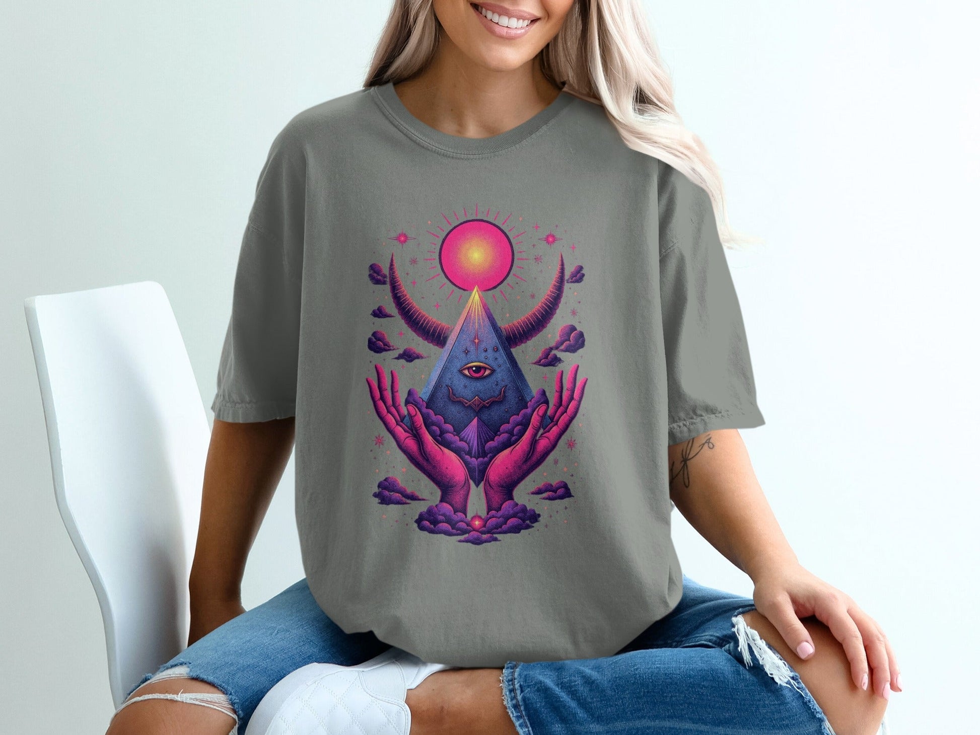 Mystic Pyramid with Horns and Hands Graphic Art T-Shirt - IconVexa