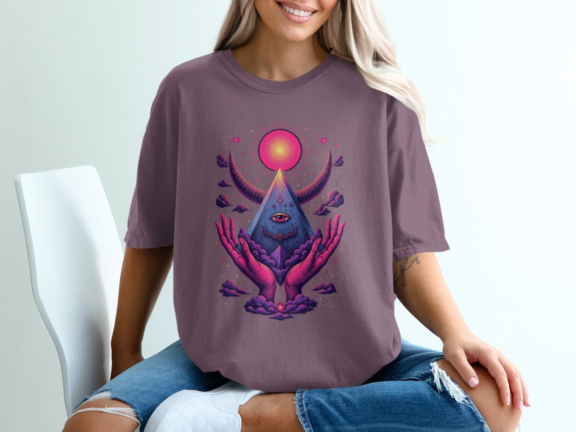 Mystic Pyramid with Horns and Hands Graphic Art T-Shirt - IconVexa