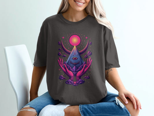 Mystic Pyramid with Horns and Hands Graphic Art T-Shirt - IconVexa