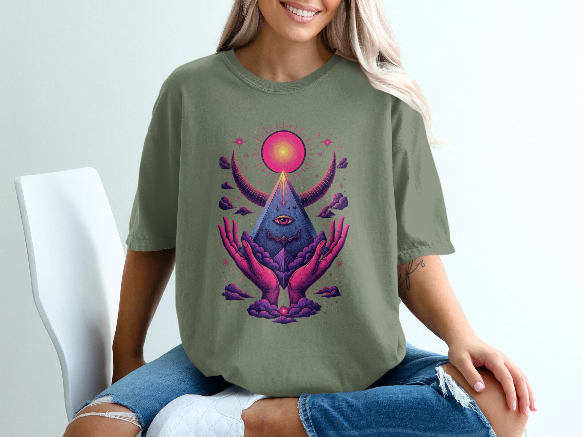 Mystic Pyramid with Horns and Hands Graphic Art T-Shirt - IconVexa