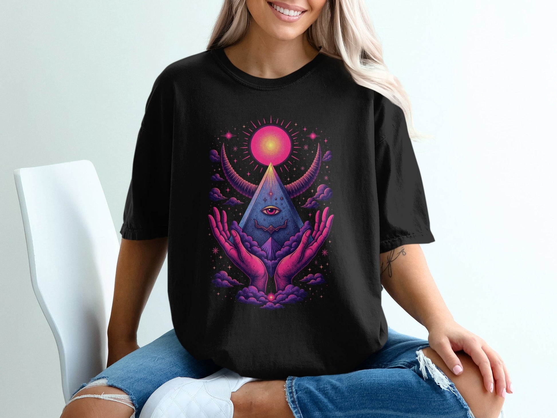 Mystic Pyramid with Horns and Hands Graphic Art T-Shirt - IconVexa