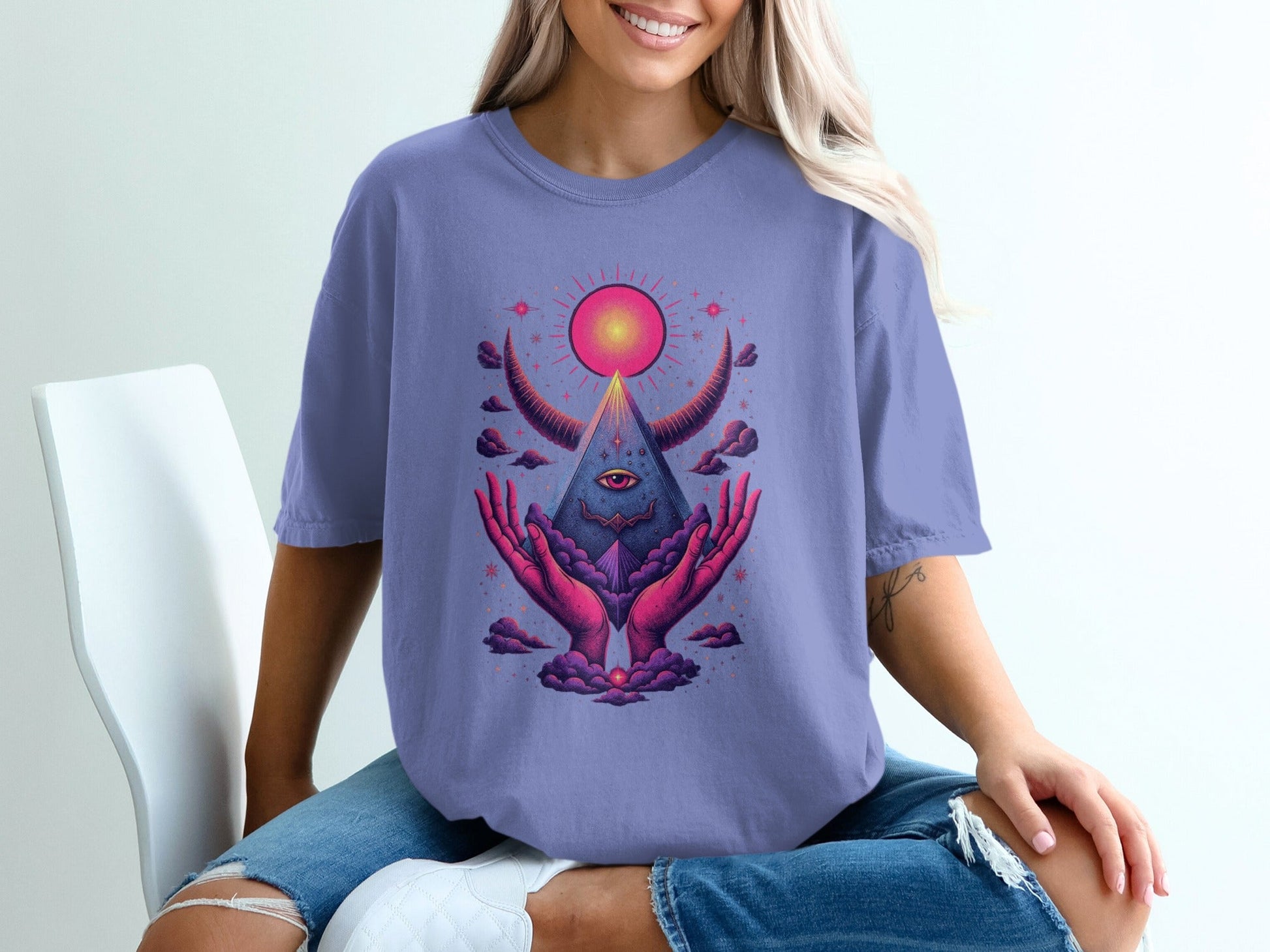 Mystic Pyramid with Horns and Hands Graphic Art T-Shirt - IconVexa