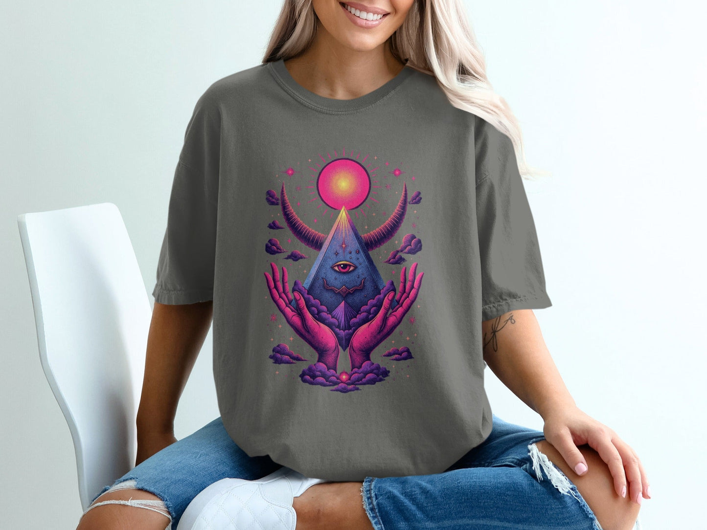 Mystic Pyramid with Horns and Hands Graphic Art T-Shirt - IconVexa