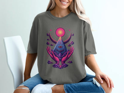 Mystic Pyramid with Horns and Hands Graphic Art T-Shirt - IconVexa