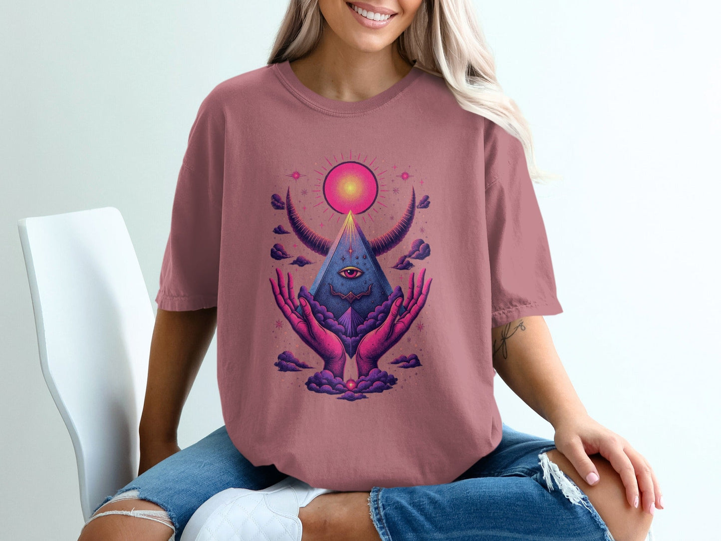 Mystic Pyramid with Horns and Hands Graphic Art T-Shirt - IconVexa