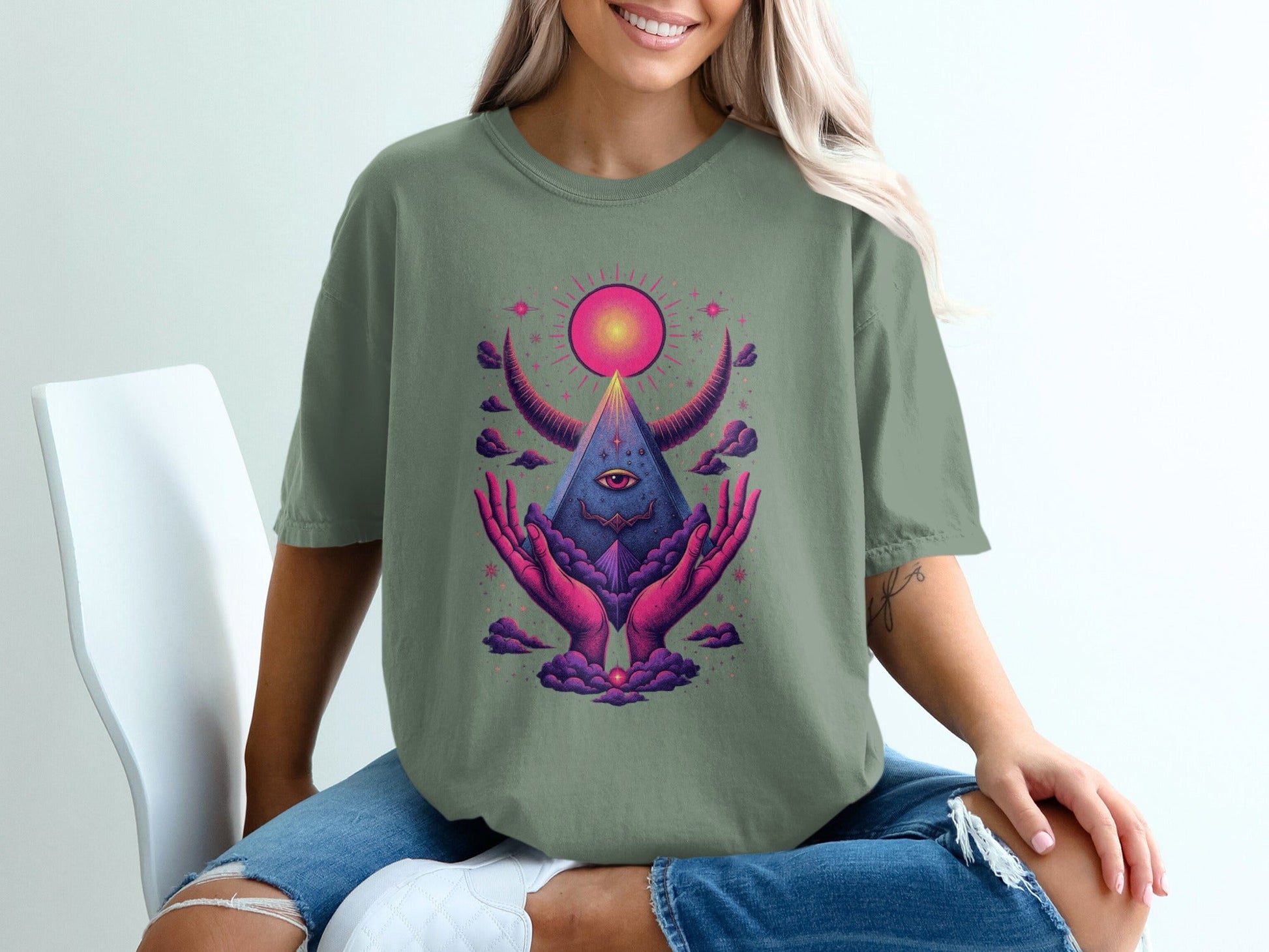 Mystic Pyramid with Horns and Hands Graphic Art T-Shirt - IconVexa