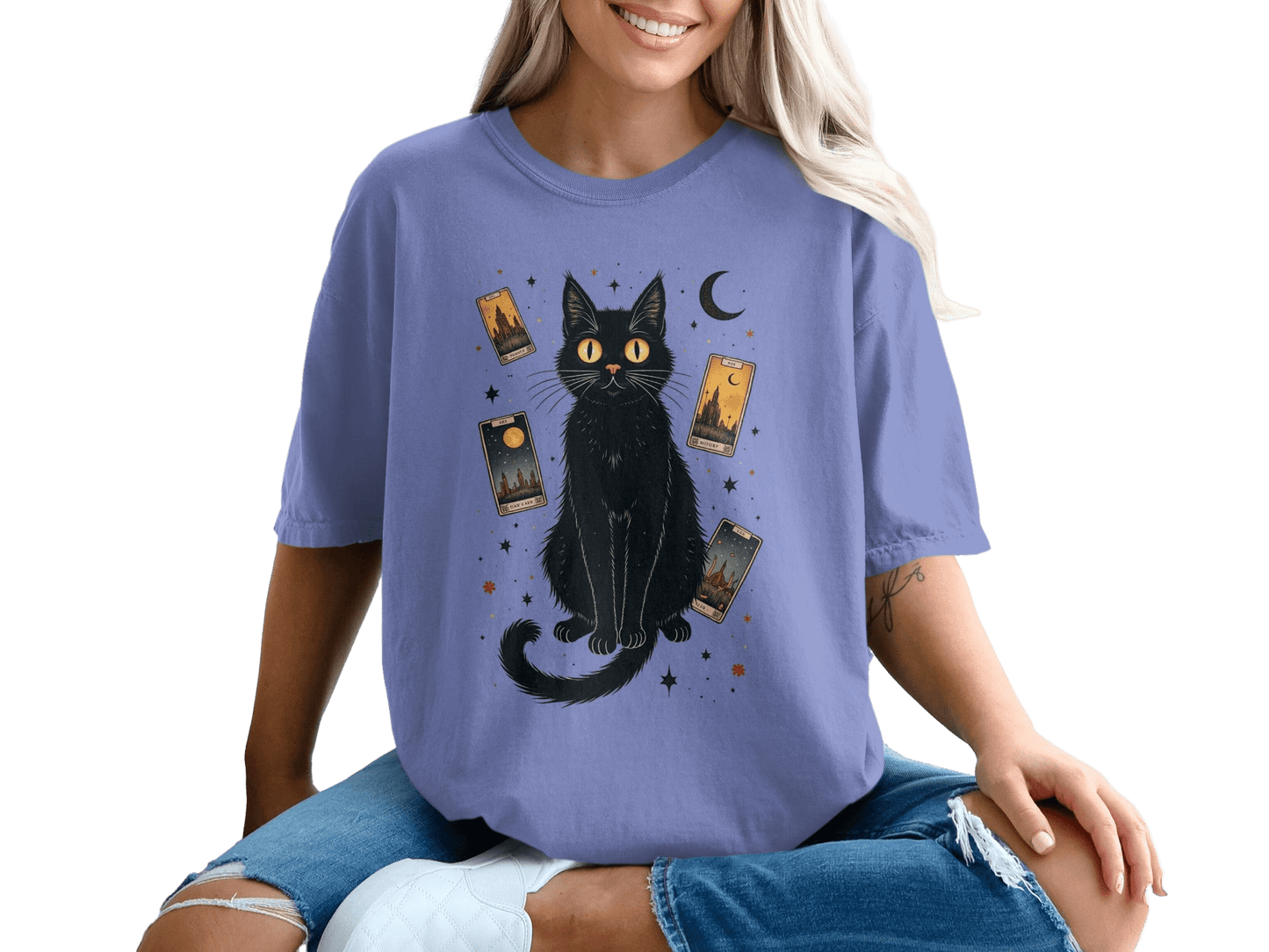 Mystical Black Cat Tarot Cards Graphic Novelty T-Shirt - IconVexa