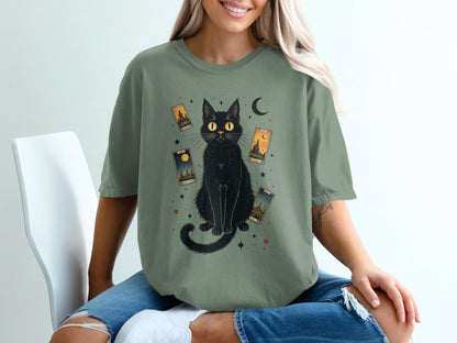 Mystical Black Cat Tarot Cards Graphic Novelty T-Shirt - IconVexa