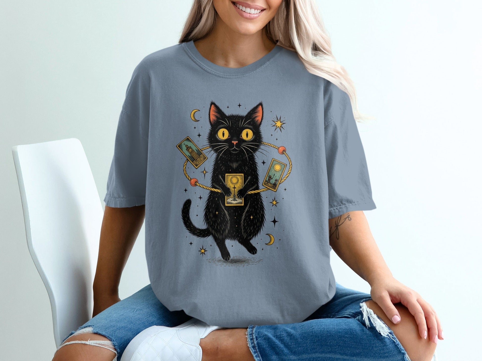 Mystical Cat with Tarot Cards Graphic Print T-Shirt - IconVexa